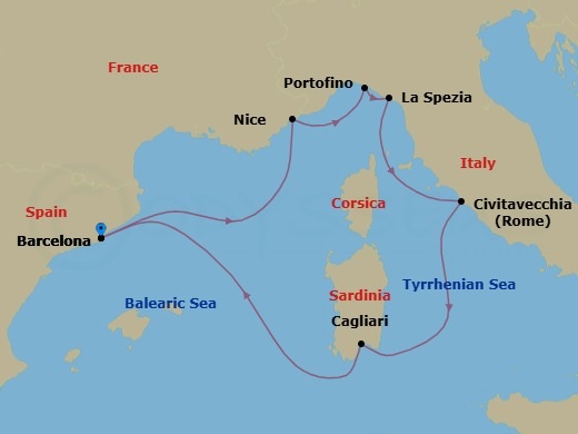 7 Night - Italian & French Riviera - Celebrity Xcel - Starting in Barcelona, Spain, Nice (Villefranche), France, Portofino, Italy, Florence / Pisa (La Spezia), Italy, Rome (Civitavecchia), Italy, Cagliari, Sardinia, Italy, Barcelona, Spain itinerary map