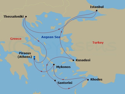 10 Night - Best of Greece - Celebrity Infinity - Starting in Athens (Piraeus), Greece, Thessaloniki, Greece, Istanbul, Turkey, Ephesus (Kusadasi), Turkey, Santorini, Greece, Rhodes, Greece, Mykonos, Greece, Athens (Piraeus), Greece itinerary map