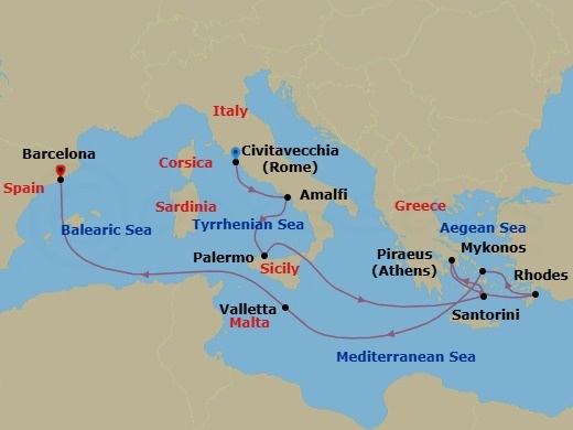 11 Night - Italy, Grek Isles & Malta - Celebrity Apex - Starting in Rome (Civitavecchia), Italy, Amalfi Coast (Salerno), Italy, Sicily (Palermo), Italy, Santorini, Greece, Athens (Piraeus), Greece, Rhodes, Greece, Mykonos, Greece, Valletta, Malta, Barcelona, Spain itinerary map
