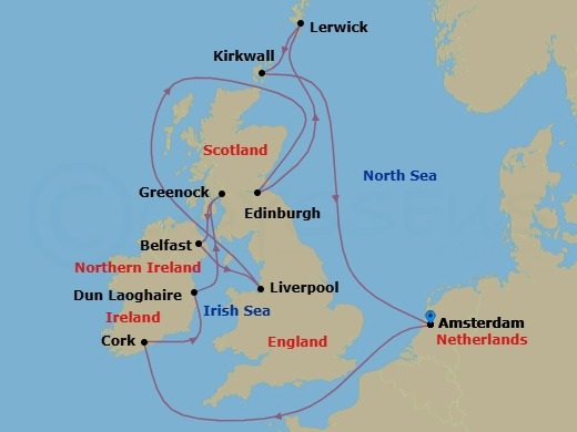 12 Night - British Isles - Celebrity Apex - Starting in Amsterdam, Netherlands, Cork (Cobh), Ireland, Dun Laoghaire, Ireland, Glasgow (Greenock), Scotland, Belfast, Northern Ireland, Liverpool, England, Edinburgh, Scotland, Lerwick / Shetland, Scotland, Kirkwall, Scotland, Amsterdam, Netherlands itinerary map