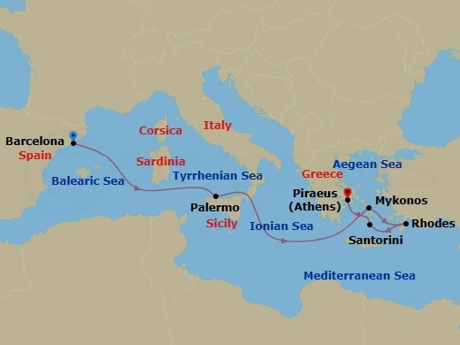 7 Night - Greek Isles & Sicily - Celebrity Xcel - Starting in Barcelona, Spain, Sicily (Palermo), Italy, Mykonos, Greece, Rhodes, Greece, Santorini, Greece, Athens (Piraeus), Greece itinerary map