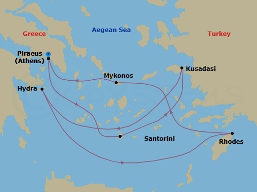 7 Night - Best of Greece - Celebrity Infinity - Starting in Athens (Piraeus), Greece, Santorini, Greece, Ephesus (Kusadasi), Turkey, Hydra, Greece, Rhodes, Greece, Mykonos, Greece, Athens (Piraeus), Greece itinerary map