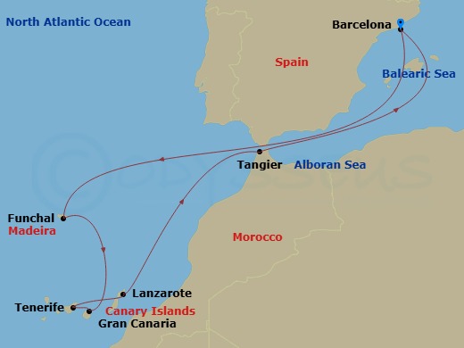 12 Night - Spain, Portugal & Morocco - Celebrity Infinity - Starting in Barcelona, Spain, Madeira (Funchal), Portugal, Gran Canaria, Canary Islands, Tenerife, Canary Islands, Lanzarote, Canary Islands, Tangier, Morocco, Barcelona, Spain itinerary map