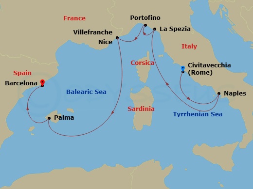 9 Night - Italian & French Riviera - Celebrity Eclipse - Starting in Rome (Civitavecchia), Italy, Naples, Italy, Florence / Pisa (La Spezia), Italy, Portofino, Italy, Nice (Villefranche), France, Palma De Mallorca, Spain, Barcelona, Spain itinerary map