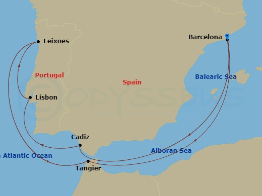 9 Night - Spain & Portugal - Celebrity Eclipse - Starting in Barcelona, Spain, Seville (Cadiz), Spain, Lisbon, Portugal, Porto (Leixoes), Portugal, Tangier, Morocco, Barcelona, Spain itinerary map