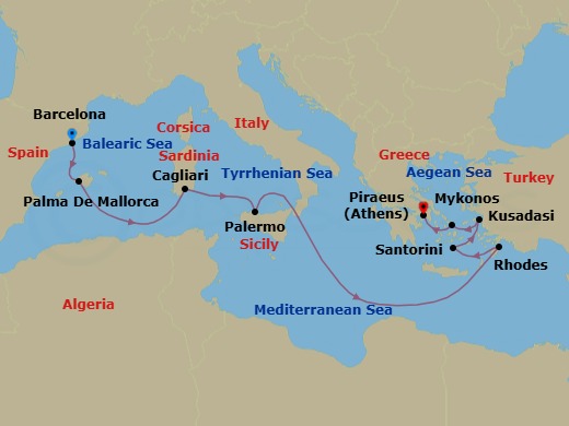 10 Night - Greek Isles & Italy - Celebrity Xcel - Starting in Barcelona, Spain, Palma De Mallorca, Spain, Cagliari, Sardinia, Italy, Sicily (Palermo), Italy, Rhodes, Greece, Santorini, Greece, Ephesus (Kusadasi), Turkey, Mykonos, Greece, Athens (Piraeus), Greece itinerary map