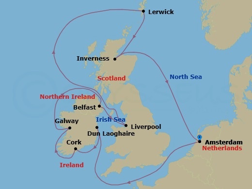 12 Night - British Isles - Celebrity Apex - Starting in Amsterdam, Netherlands, Dun Laoghaire, Ireland, Cork (Cobh), Ireland, Galway, Ireland, Belfast, Northern Ireland, Liverpool, England, Lerwick / Shetland, Scotland, Inverness / Loch Ness, Scotland, Amsterdam, Netherlands itinerary map