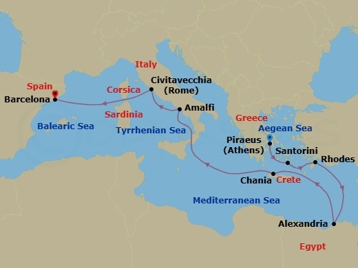 12 Night - Greece, Egypt & Italy - Celebrity Infinity - Starting in Athens (Piraeus), Greece, Santorini, Greece, Rhodes, Greece, Alexandria EG, Chania (Souda), Crete, Greece, Amalfi Coast (Salerno), Italy, Rome (Civitavecchia), Italy, Barcelona, Spain itinerary map