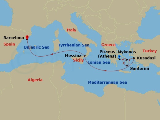 7 Night - Greek Isles & Sicily - Celebrity Xcel - Starting in Athens (Piraeus), Greece, Mykonos, Greece, Santorini, Greece, Ephesus (Kusadasi), Turkey, Sicily (Messina), Italy, Barcelona, Spain itinerary map