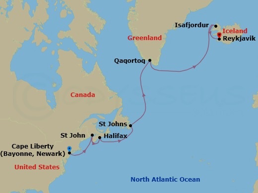 13 Night - Iceland, Greenland, Nova Scotia - Celebrity Summit - Starting in Cape Liberty, Nj (Ny Metro), Saint John NB (Bay of Fundy), Halifax, Nova Scotia, St Johns NF, Newfoundland, Qaqortoq, Greenland, Isafjordur, Iceland, Reykjavik, Iceland itinerary map