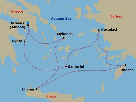 8 Night - Best of Greece - Celebrity Infinity - Starting in Athens (Piraeus), Greece, Mykonos, Greece, Chania (Souda), Crete, Greece, Rhodes, Greece, Ephesus (Kusadasi), Turkey, Santorini, Greece, Hydra, Greece, Athens (Piraeus), Greece itinerary map
