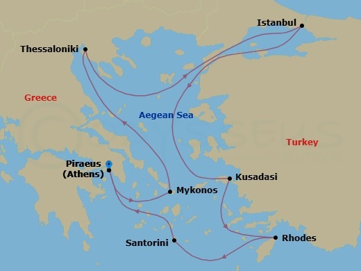 10 Night - Best of Greece - Celebrity Infinity - Starting in Athens (Piraeus), Greece, Mykonos, Greece, Thessaloniki, Greece, Istanbul, Turkey, Ephesus (Kusadasi), Turkey, Rhodes, Greece, Santorini, Greece, Athens (Piraeus), Greece itinerary map