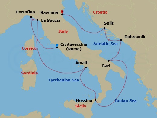 10 Night - Best of Italy & Croatia - Celebrity Constellation - Starting in Rome (Civitavecchia), Italy, Portofino, Italy, Florence / Pisa (La Spezia), Italy, Amalfi Coast (Salerno), Italy, Sicily (Messina), Italy, Bari, Italy, Dubrovnik, Croatia, Split, Croatia, Ravenna, Italy itinerary map