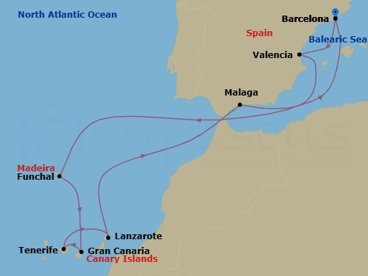 12 Night - Spain & Portugal Holiday - Celebrity Infinity - Starting in Barcelona, Spain, Valencia, Spain, Madeira (Funchal), Portugal, Gran Canaria, Canary Islands, Tenerife, Canary Islands, Lanzarote, Canary Islands, Malaga, Spain, Barcelona, Spain itinerary map