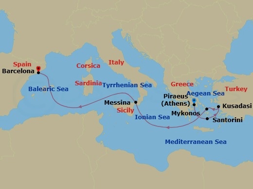 7 Night - Greek Isles & Sicily - Celebrity Xcel - Starting in Athens (Piraeus), Greece, Santorini, Greece, Ephesus (Kusadasi), Turkey, Mykonos, Greece, Sicily (Messina), Italy, Barcelona, Spain itinerary map