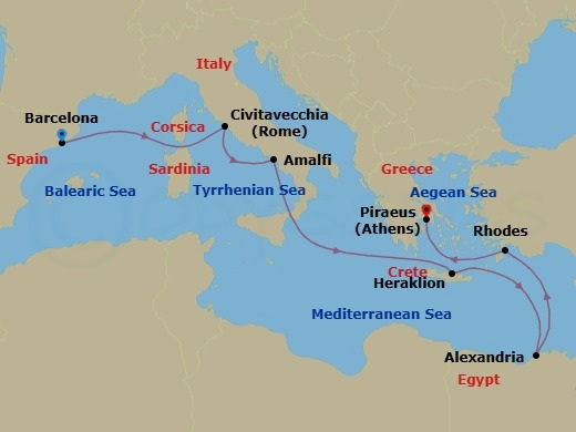 12 Night - Greece, Egypt & Italy - Celebrity Infinity - Starting in Barcelona, Spain, Rome (Civitavecchia), Italy, Amalfi Coast (Salerno), Italy, Heraklion (Iraklion), Crete, Alexandria EG, Rhodes, Greece, Athens (Piraeus), Greece itinerary map
