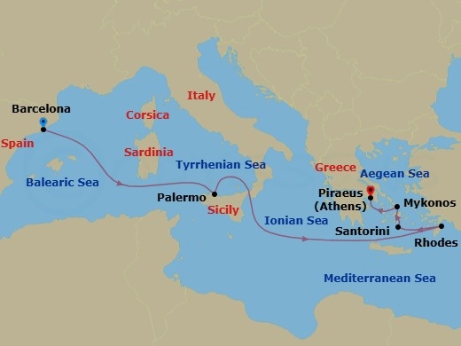 7 Night - Greek Isles & Sicily - Celebrity Xcel - Starting in Barcelona, Spain, Sicily (Palermo), Italy, Rhodes, Greece, Santorini, Greece, Mykonos, Greece, Athens (Piraeus), Greece itinerary map