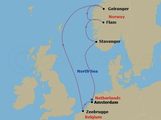 7 Night - Best of Norway - Celebrity Apex - Starting in Amsterdam, Netherlands, Stavanger, Norway, Flam, Norway, Geiranger, Norway, Bruges, (Zeebrugge), Belgium, Amsterdam, Netherlands itinerary map