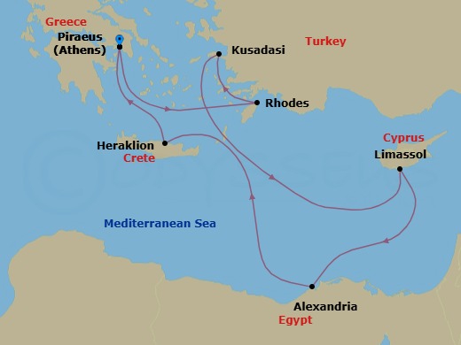 11 Night - Greece & Egypt Ancient Wonders - Celebrity Infinity - Starting in Athens (Piraeus), Greece, Rhodes, Greece, Ephesus (Kusadasi), Turkey, Limassol, Cyprus, Alexandria EG, Heraklion (Iraklion), Crete, Athens (Piraeus), Greece itinerary map