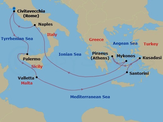 11 Night - Italy, Greek Isles & Malta - Celebrity Ascent - Starting in Rome (Civitavecchia), Italy, Sicily (Palermo), Italy, Valletta, Malta, Santorini, Greece, Ephesus (Kusadasi), Turkey, Athens (Piraeus), Greece, Mykonos, Greece, Naples, Italy, Rome (Civitavecchia), Italy itinerary map