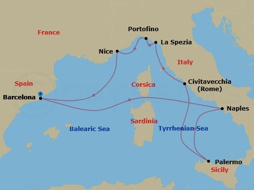10 Night - Best of Italy & French Riviera - Celebrity Xcel - Starting in Barcelona, Spain, Naples, Italy, Sicily (Palermo), Italy, Rome (Civitavecchia), Italy, Florence / Pisa (La Spezia), Italy, Portofino, Italy, Nice (Villefranche), France, Barcelona, Spain itinerary map