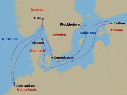 12 Night - Best of Scandinavia - Celebrity Apex - Starting in Amsterdam, Netherlands, Oslo, Norway, Skagen, Denmark, Tallinn, Estonia, Stockholm, Sweden, Copenhagen, Denmark, Amsterdam, Netherlands itinerary map