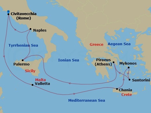 11 Night - Italy, Greek Isles & Malta - Celebrity Ascent - Starting in Rome (Civitavecchia), Italy, Valletta, Malta, Chania (Souda), Crete, Greece, Mykonos, Greece, Santorini, Greece, Athens (Piraeus), Greece, Sicily (Palermo), Italy, Naples, Italy, Rome (Civitavecchia), Italy itinerary map