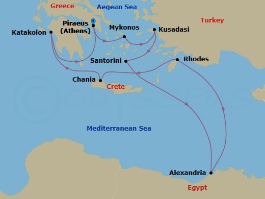 12 Night - Greece & Egypt Ancient Wonders - Celebrity Infinity - Starting in Athens (Piraeus), Greece, Mykonos, Greece, Ephesus (Kusadasi), Turkey, Santorini, Greece, Alexandria EG, Rhodes, Greece, Chania (Souda), Crete, Greece, Olympia (Katakolon), Greece, Athens (Piraeus), Greece itinerary map