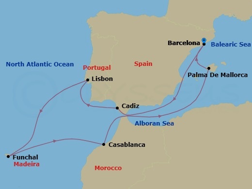 11 Night - Spain & Portugal - Celebrity Xcel - Starting in Barcelona, Spain, Seville (Cadiz), Spain, Lisbon, Portugal, Madeira (Funchal), Portugal, Casablanca, Morocco, Palma De Mallorca, Spain, Barcelona, Spain itinerary map
