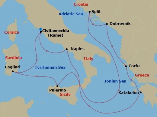 10 Night - Italy, Croatia & Greece - Celebrity Ascent - Starting in Rome (Civitavecchia), Italy, Cagliari, Sardinia, Italy, Sicily (Palermo), Italy, Split, Croatia, Dubrovnik, Croatia, Corfu, Greece, Olympia (Katakolon), Greece, Naples, Italy, Rome (Civitavecchia), Italy itinerary map