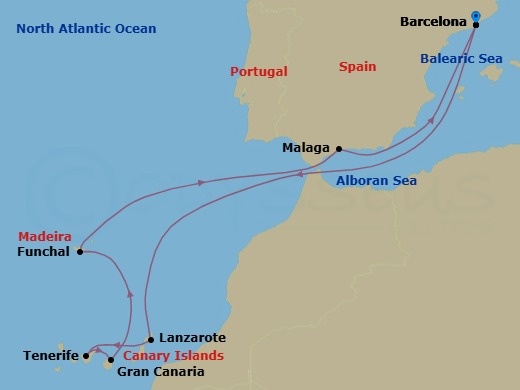 12 Night - Canary Islands & Madeira - Celebrity Infinity - Starting in Barcelona, Spain, Lanzarote, Canary Islands, Tenerife, Canary Islands, Gran Canaria, Canary Islands, Madeira (Funchal), Portugal, Malaga, Spain, Barcelona, Spain itinerary map