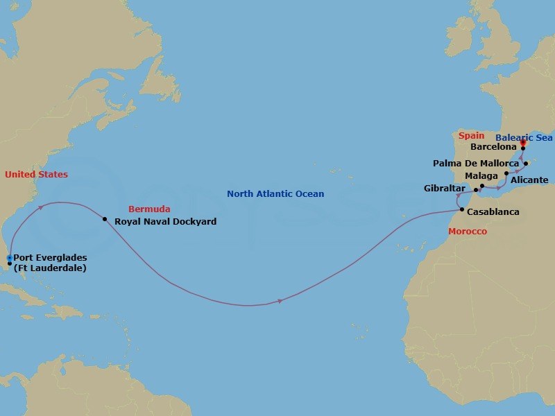 15 Night - Spain & Morocco Transatlantic - Celebrity Xcel - Starting in Fort Lauderdale, Florida, Royal Naval Dockyard, Bermuda, Casablanca, Morocco, Gibraltar, United Kingdom, Malaga, Spain, Alicante, Spain, Palma De Mallorca, Spain, Barcelona, Spain itinerary map