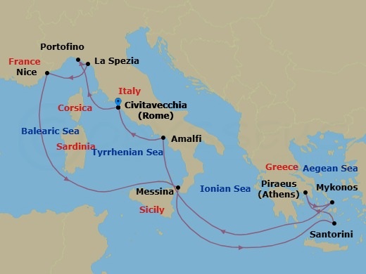 13 Night - Greek Isles & Italy - Celebrity Apex - Starting in Rome (Civitavecchia), Italy, Portofino, Italy, Florence / Pisa (La Spezia), Italy, Nice (Villefranche), France, Sicily (Messina), Italy, Santorini, Greece, Athens (Piraeus), Greece, Mykonos, Greece, Amalfi Coast (Salerno), Italy, Rome (Civitavecchia), Italy itinerary map