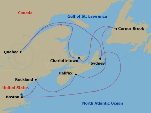 12 Night - New England & Canada - Celebrity Summit - Starting in Boston, Massachusetts, Rockland, Maine, Halifax, Nova Scotia, Corner Brook, Newfoundland, Charlottetown, Prince Edward Island, Quebec City, Quebec, Sydney NS, Nova Scotia, Boston, Massachusetts itinerary map