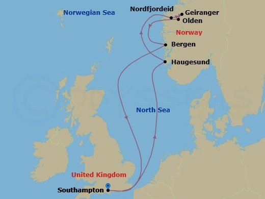 8 Night - Best of Norway - Celebrity Beyond - Starting in Southampton, England, Haugesund, Norway, Nordfjordeid, Norway, Geiranger, Norway, Olden, Norway, Bergen, Norway, Southampton, England itinerary map