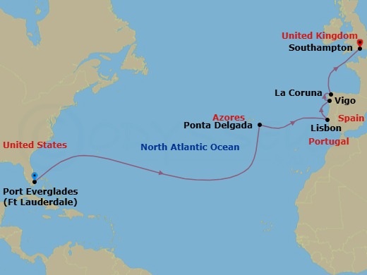 13 Night - Portugal & Spain Transatlantic - Celebrity Beyond - Starting in Fort Lauderdale, Florida, Ponta Delgada, Azores, Lisbon, Portugal, Vigo, Spain, La Coruna, Spain, Southampton, England itinerary map