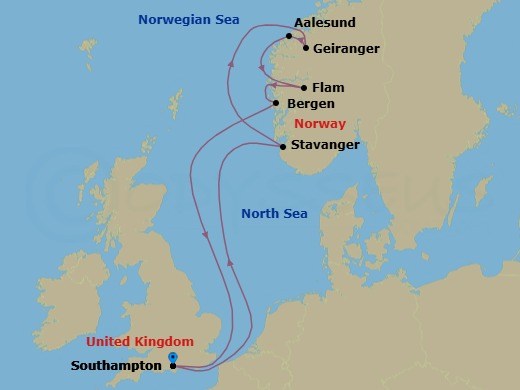 8 Night - Best of Norway - Celebrity Beyond - Starting in Southampton, England, Stavanger, Norway, Geiranger, Norway, Alesund, Norway, Flam, Norway, Bergen, Norway, Southampton, England itinerary map