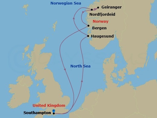 7 Night - Best of Norway - Celebrity Beyond - Starting in Southampton, England, Haugesund, Norway, Nordfjordeid, Norway, Geiranger, Norway, Bergen, Norway, Southampton, England itinerary map