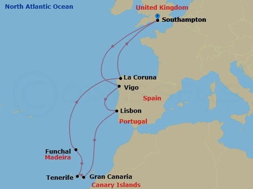 11 Night - Canary Islands & Madeira - Celebrity Beyond - Starting in Southampton, England, Vigo, Spain, Lisbon, Portugal, Gran Canaria, Canary Islands, Tenerife, Canary Islands, Madeira (Funchal), Portugal, La Coruna, Spain, Southampton, England itinerary map