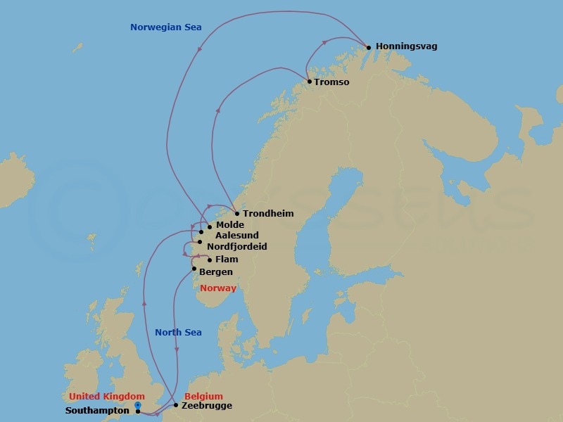 14 Night - Norwegian Fjords, Arctic Circle - Celebrity Beyond - Starting in Southampton, England, Bruges, (Zeebrugge), Belgium, Alesund, Norway, Trondheim, Norway, Arctic Circle (Cruise), Tromso, Norway, Honningsvag, Norway, Arctic Circle (Cruise), Molde, Norway, Nordfjordeid, Norway, Flam, Norway, Bergen, Norway, Southampton, England itinerary map