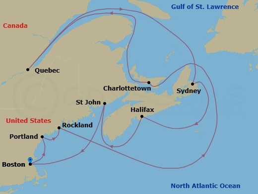 12 Night - New England & Canada - Celebrity Summit - Starting in Boston, Massachusetts, Portland ME, Rockland, Maine, Charlottetown, Prince Edward Island, Quebec City, Quebec, Sydney NS, Nova Scotia, Halifax, Nova Scotia, Saint John NB (Bay of Fundy), Boston, Massachusetts itinerary map