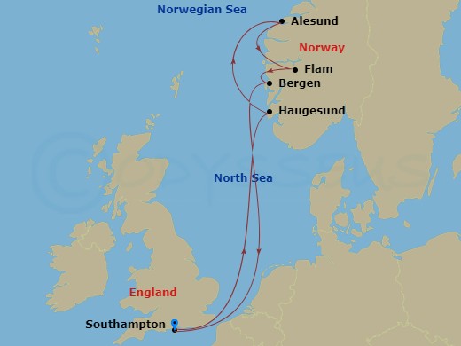 7 Night - Best of Norway - Celebrity Beyond - Starting in Southampton, England, Haugesund, Norway, Alesund, Norway, Flam, Norway, Bergen, Norway, Southampton, England itinerary map