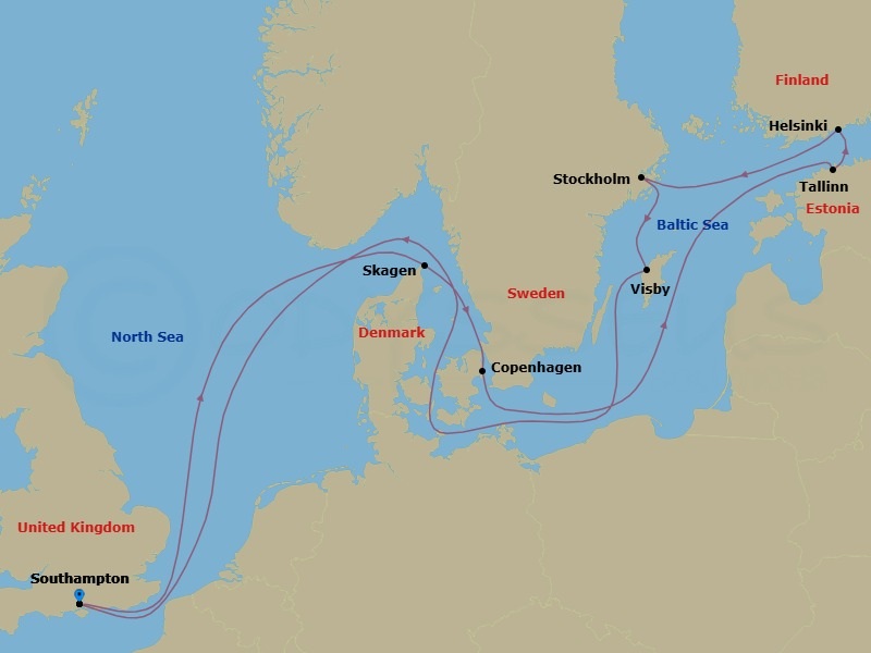 11 Night - Best of Scandinavia - Celebrity Beyond - Starting in Southampton, England, Skagen, Denmark, Copenhagen, Denmark, Tallinn, Estonia, Helsinki, Finland, Stockholm, Sweden, Visby, Sweden, Southampton, England itinerary map