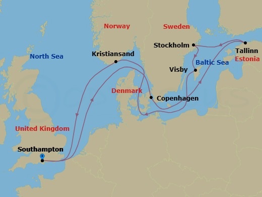 12 Night - Best of Scandinavia - Celebrity Beyond - Starting in Southampton, England, Copenhagen, Denmark, Tallinn, Estonia, Stockholm, Sweden, Visby, Sweden, Kristiansand, Norway, Southampton, England itinerary map