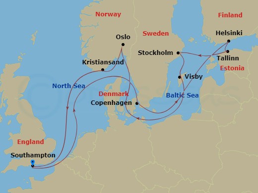 13 Night - Best of Scandinavia - Celebrity Beyond - Starting in Southampton, England, Copenhagen, Denmark, Helsinki, Finland, Tallinn, Estonia, Stockholm, Sweden, Visby, Sweden, Oslo, Norway, Kristiansand, Norway, Southampton, England itinerary map