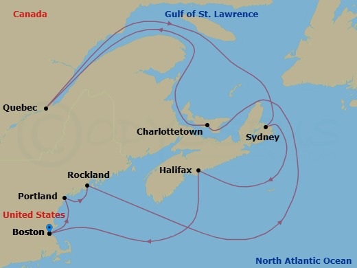 12 Night - New England & Canada - Celebrity Summit - Starting in Boston, Massachusetts, Portland ME, Rockland, Maine, Charlottetown, Prince Edward Island, Quebec City, Quebec, Sydney NS, Nova Scotia, Halifax, Nova Scotia, Boston, Massachusetts itinerary map