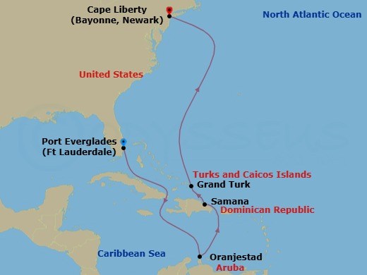 9 Night - Fort Lauderdale to Cape Liberty - Celebrity Summit - Starting in Fort Lauderdale, Florida, Oranjestad, Aruba, Samana, Dominican Republic, Grand Turk, Turks and Caicos, Cape Liberty, Nj (Ny Metro) itinerary map