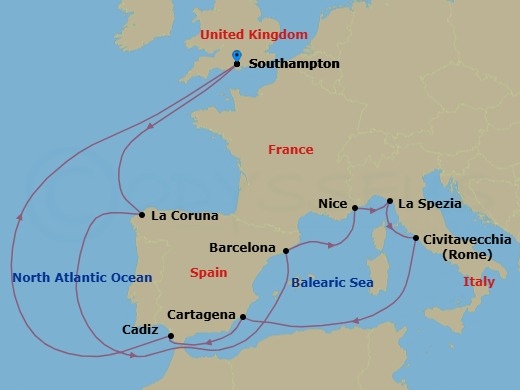 14 Night - Spain, Italy & French Riviera - Celebrity Beyond - Starting in Southampton, England, La Coruna, Spain, Barcelona, Spain, Nice (Villefranche), France, Florence / Pisa (La Spezia), Italy, Rome (Civitavecchia), Italy, Cartagena ES, Seville (Cadiz), Spain, Southampton, England itinerary map