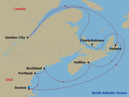 12 Night - New England & Canada - Celebrity Summit - Starting in Boston, Massachusetts, Portland ME, Rockland, Maine, Halifax, Nova Scotia, Sydney NS, Nova Scotia, Quebec City, Quebec, Charlottetown, Prince Edward Island, Boston, Massachusetts itinerary map
