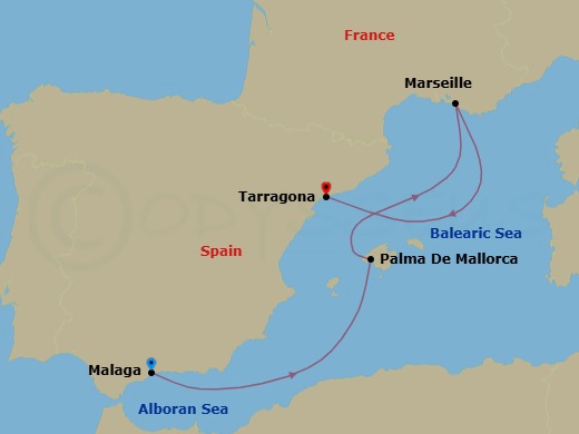 3 Night - Msc Grand Voyages - MSC Meraviglia - Starting in Malaga (Granada), Spain, Palma De Mallorca (Balearic Islands), Spain, Marseille (Provence), France, Tarragona, Spain itinerary map